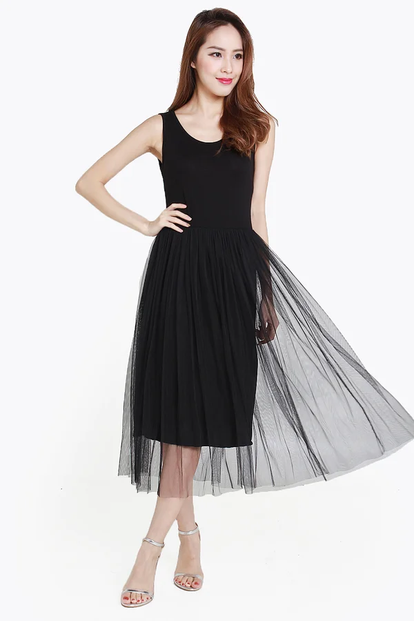Intuitively Attuned Tulle Midi Dress Black
